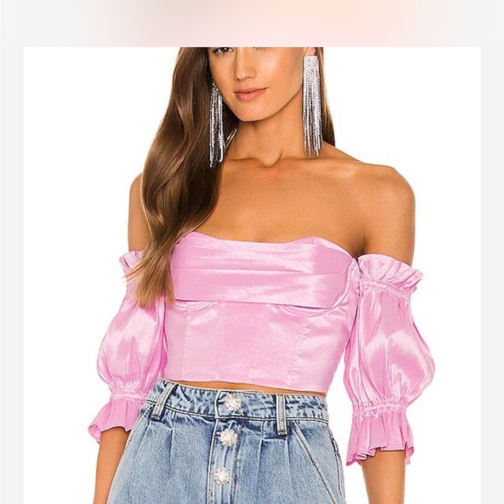 Lovers + Friends Shiny Pink Off-Shoulder Crop Top